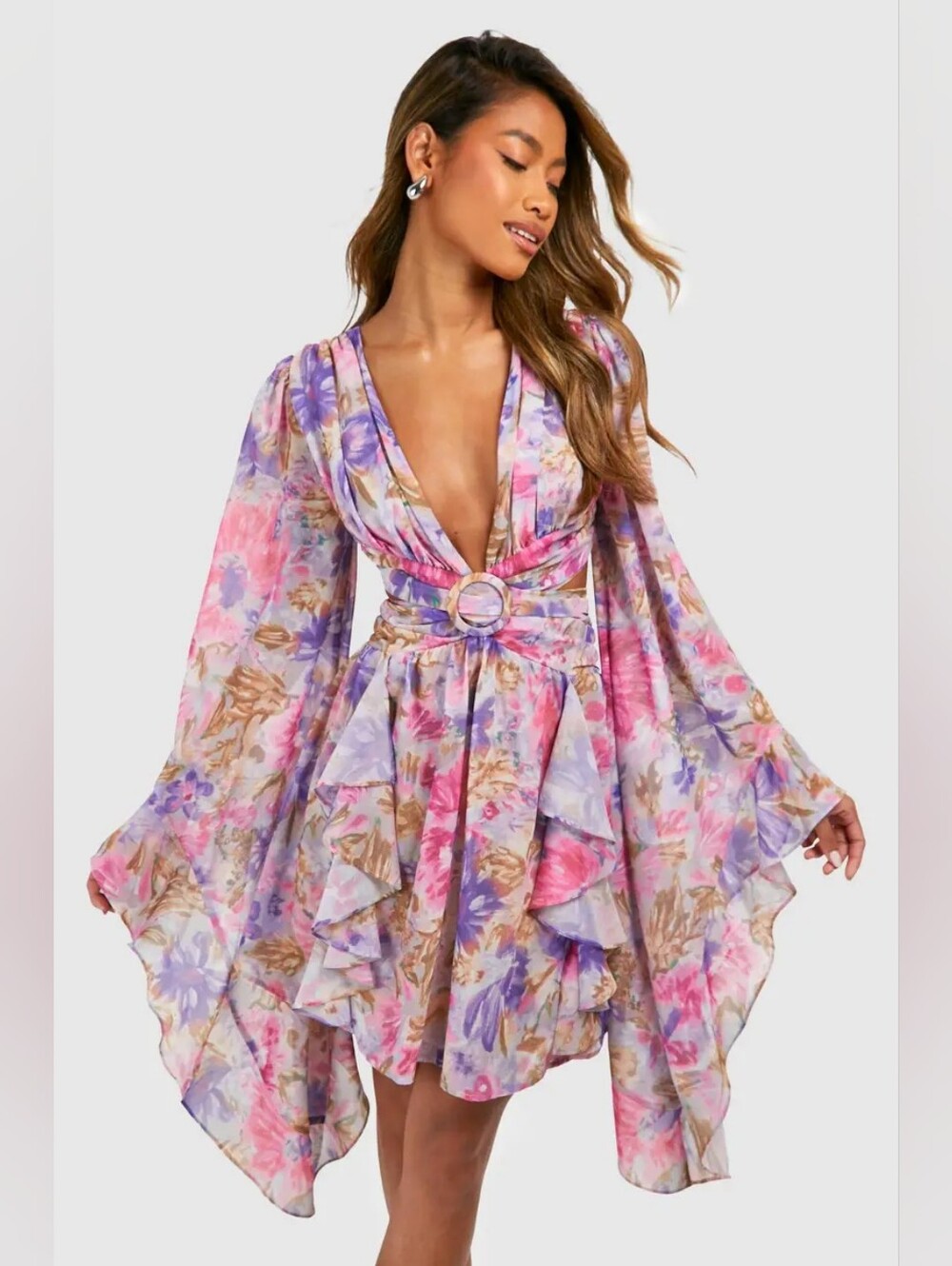Boohoo Pink Purple Floral Cape Sleeve Cutout Ruffle Mini Dress US 14